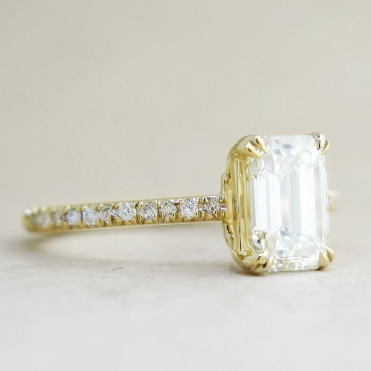 Alaia Unique Emerald Cut Diamond Engagement Ring - Ethical Ultra Thin Yellow Gold with Pave - Designed by Dana Chin and Radika Chin for Dana Walden Bridal - NYC - Side View
