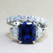 Alexandra sapphire engagement ring with a diamond eternity wedding band. DANA WALDEN NYC.