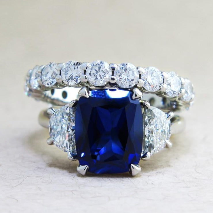 Alexandra sapphire engagement ring with a diamond eternity wedding band. DANA WALDEN NYC.