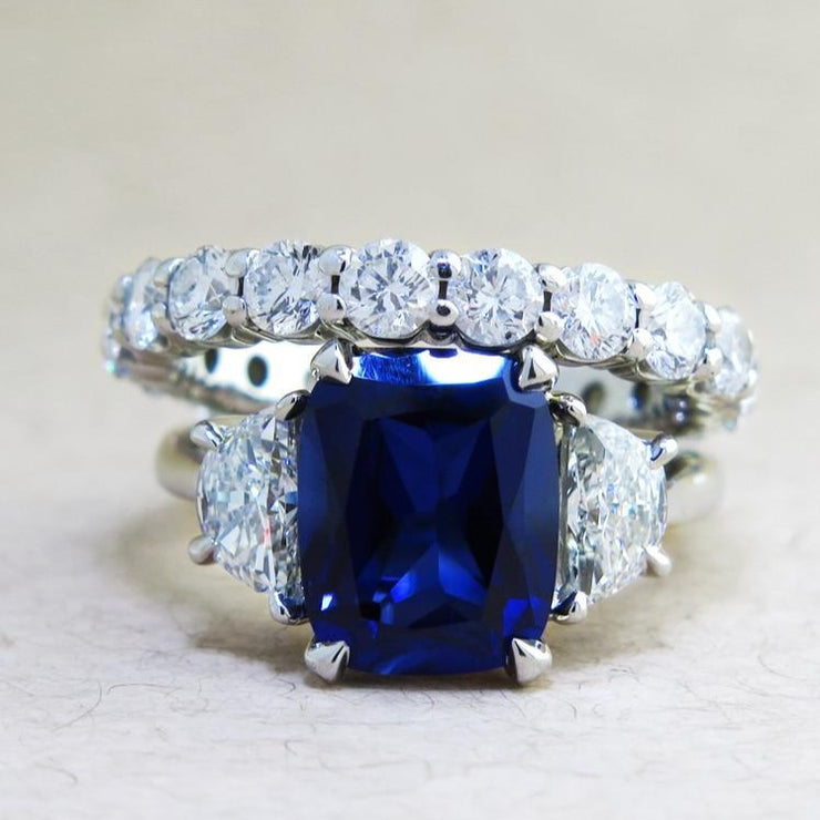 Blue sapphire & diamond engagement ring with diamond eternity band bridal set handmade in platinum - Alexandra & Constance