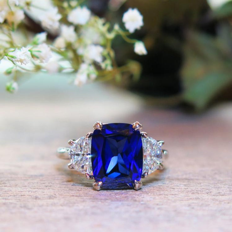 4 carat cushion cut blue sapphire engagement ring with lunette diamond accents in white gold - Alexandra