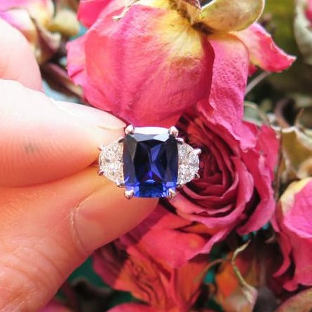 Three stone blue sapphire and diamond engagement ring with half moon accents in white gold - Alexandra