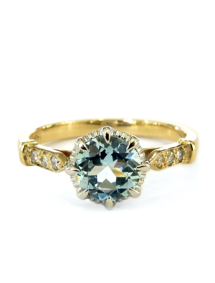 Unique aquamarine engagement ring in yellow gold with vintage inspired details & low profile - Aminta