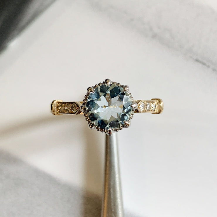 Unique aquamarine engagement ring in yellow gold with vintage inspired details & low profile - Aminta