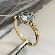 Unique aquamarine engagement ring in yellow gold with vintage inspired details & low profile side view - Aminta