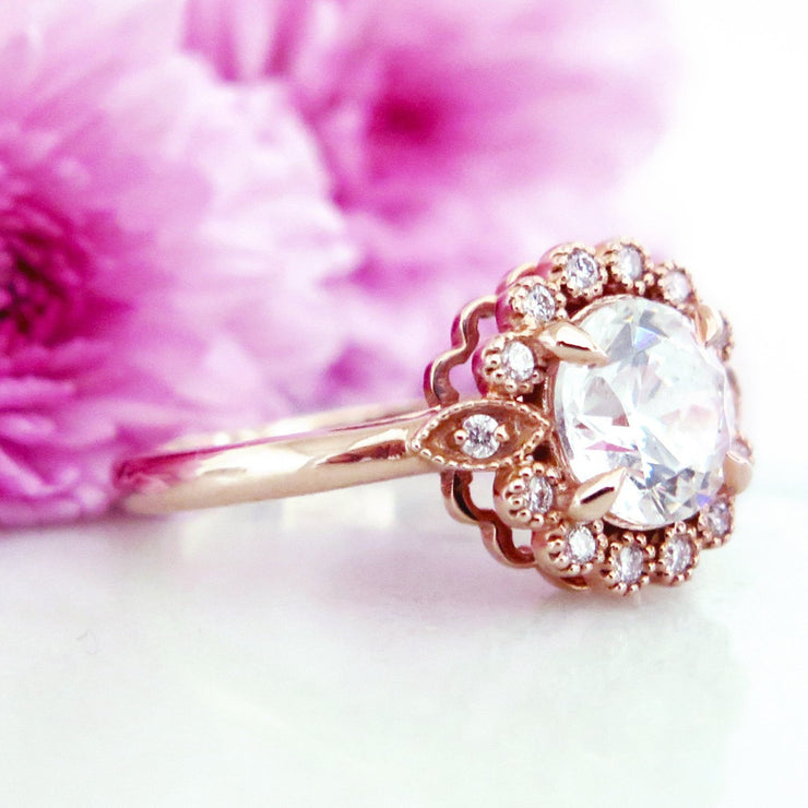 Side view of the Anastasia floral diamond halo engagement ring. By Dana Walden in NYC.