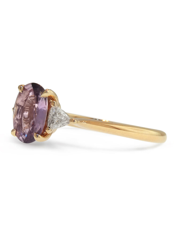 Mauve sapphire engagement ring with trillion side diamonds, side profile, by dana walden bridal