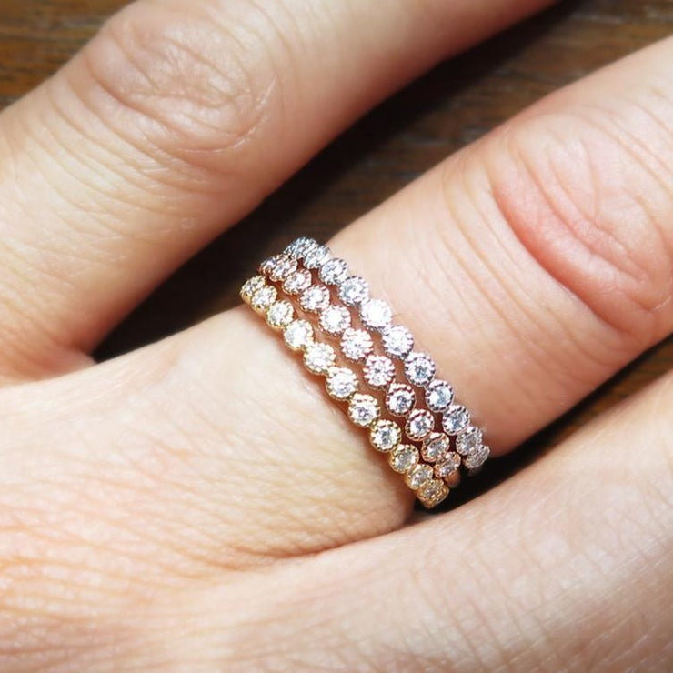 Arden Vintage Diamond Wedding Ring - Milgrain Details - Rose Gold, Yellow Gold and White Gold - Designed by Dana Chin and Radika Chin - Dana Walden Bridal - NYC - Shown On Hand Finger