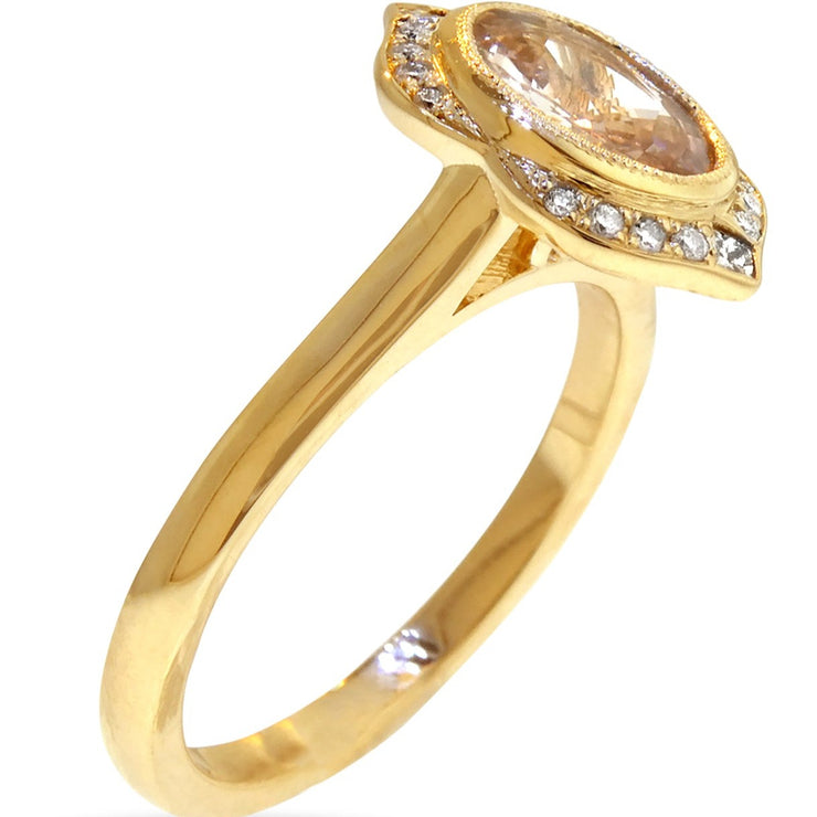 champagne sapphire and diamond engagement ring in yellow gold, side profile, designed by dana walden bridal in nyc