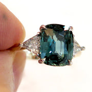 4 Carat Teal Sapphire with Trillion Diamonds 3 Stone Setting in Mixed Metal