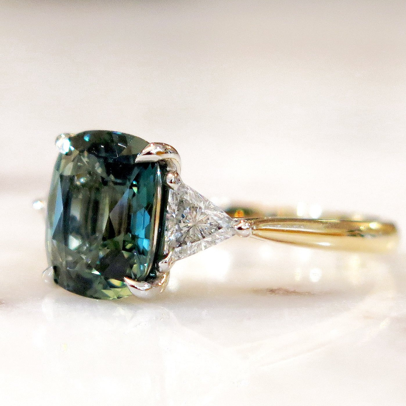 Teal sapphire and diamond engagement ring Clearance