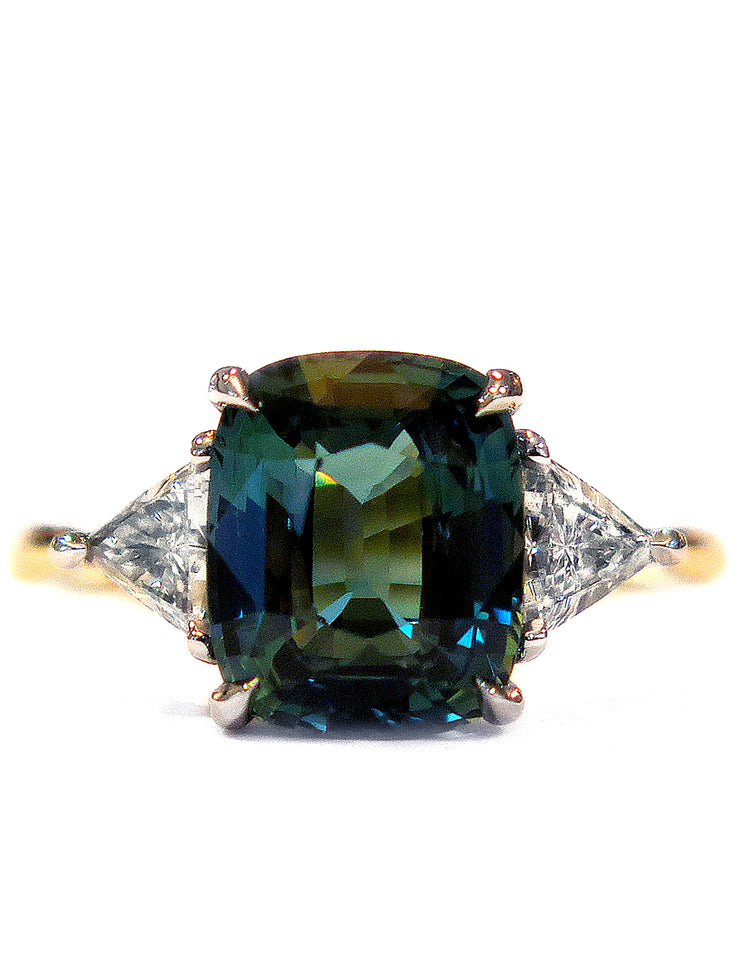 4 Carat Teal Sapphire Engagement Ring in 3 Stone Trillion Mixed Metal Setting