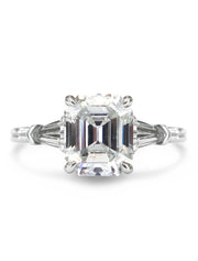Calais asscher cut diamond engagement ring in three stone custom design with tapered bullet side diamonds in platinum