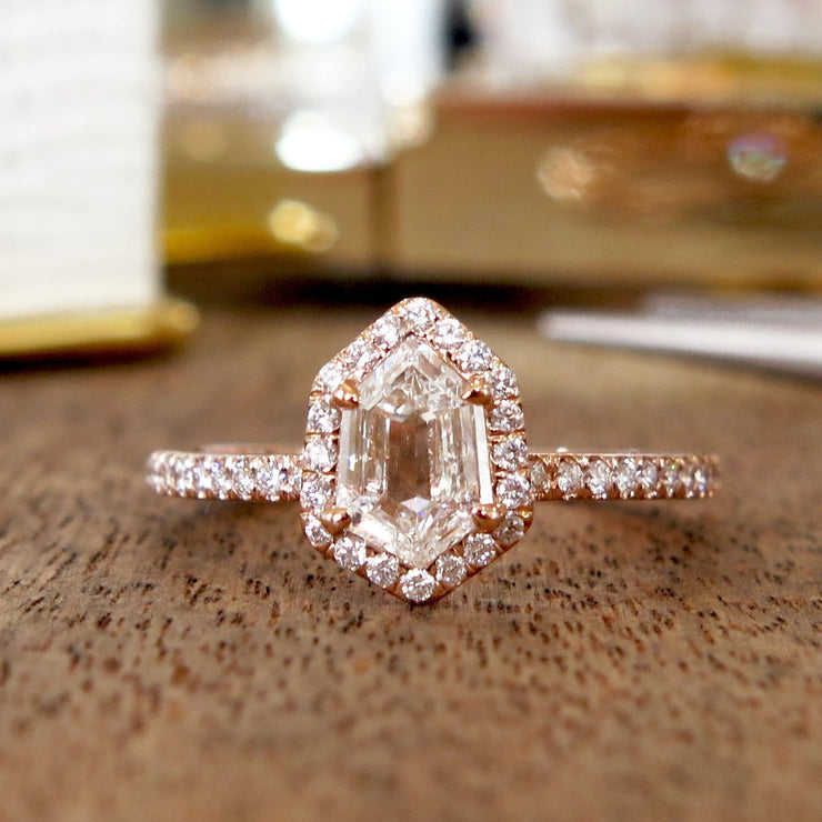 Cassia Custom Hexagon Diamond Halo Engagement Ring in Rose Gold