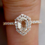 Cassia Custom Hexagon Diamond Halo Engagement Ring in Rose Gold With Conflict Free Diamonds in NYC
