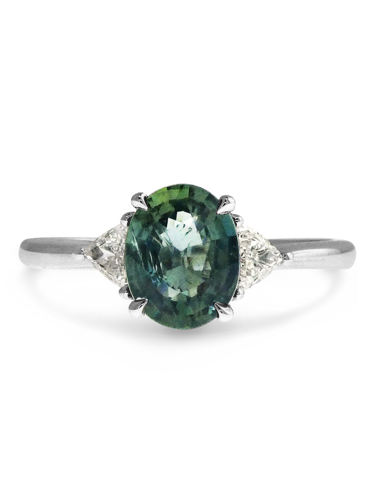 Cheryl unique green-grey sapphire three stone engagement ring with trillion diamonds in white gold