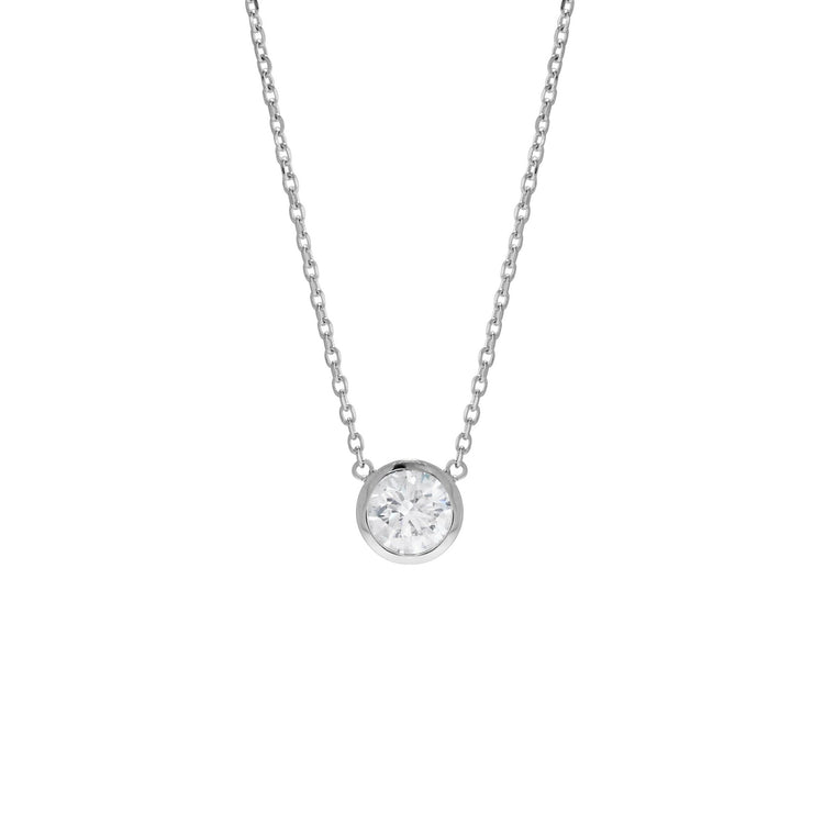 Ethical handmade diamond solitaire necklace by Dana Walden NYC. Shown here in 14k white gold with a half-carat diamond.
