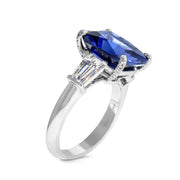 SIDE VIEW- Deep blue sapphire engagement ring with baguette diamonds. DANA WALDEN BRIDAL.
