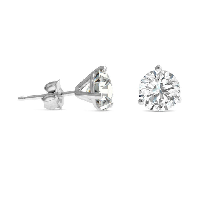 Side view of three-pronged ethical lab diamond stud earrings, handmade by Dana Walden Jewelry in NYC.