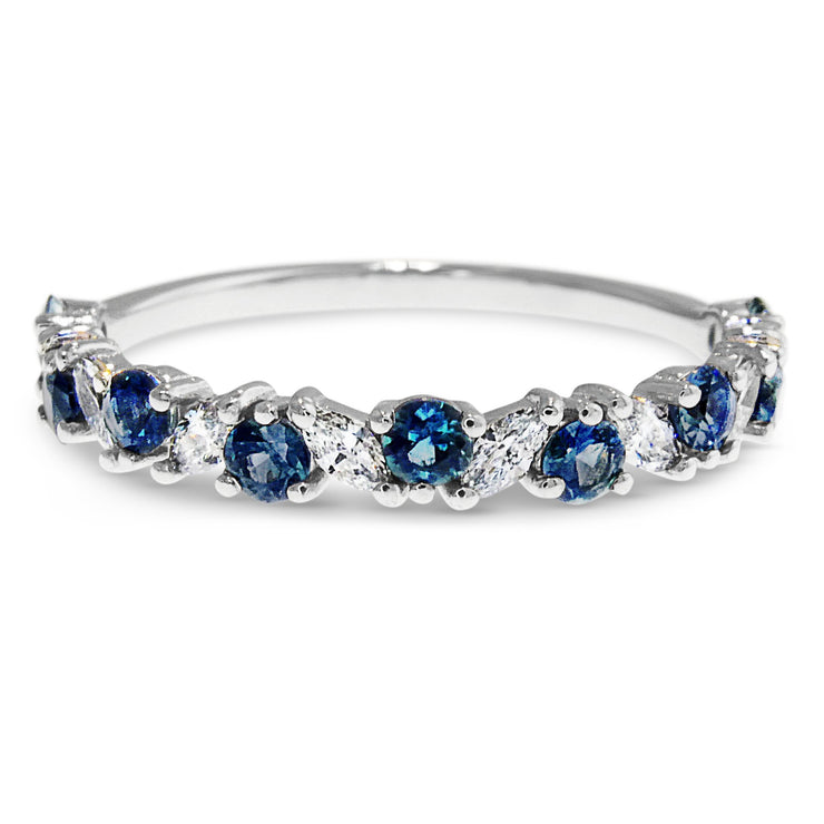 Half wedding band with diamond marquise cut gems alternating with round teal sapphires. Handmade by DANA WALDEN NYC.