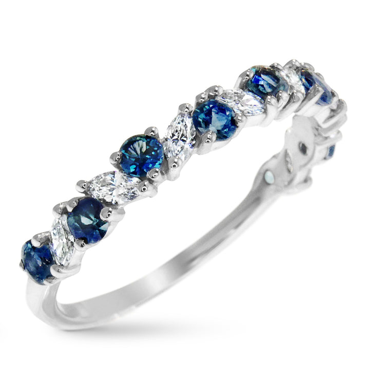 Half wedding band with diamond marquise cut gems alternating with round teal sapphires. Handmade by DANA WALDEN NYC.