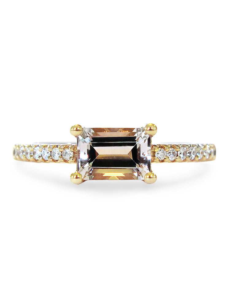 Emerald cut east-west morganite engagement ring by DANA WALDEN.