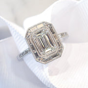 Custom Emerald Cut Diamond Engagement Ring, Halo Setting with Baguette & Round Diamonds in Platinum