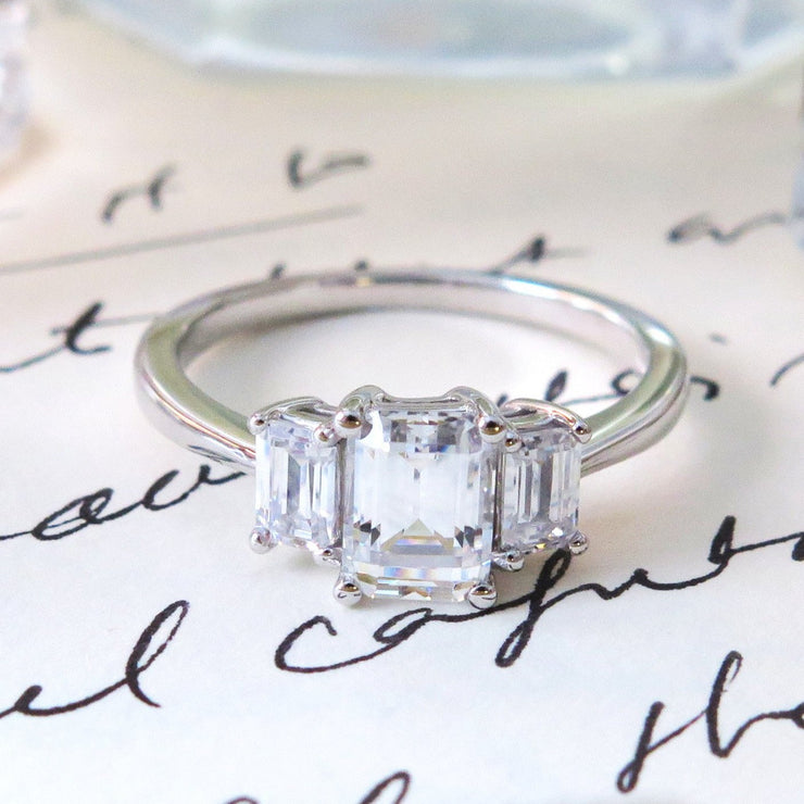 Emma Emerald Cut Diamond Three Stone Engagement Ring in White Gold by Dana Walden Bridal NYC