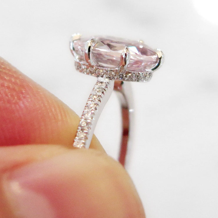 SIDE VIEW : Pale Peach Sapphire Unique Engagement Ring. DANA WLDEN BRIDAL NYC.