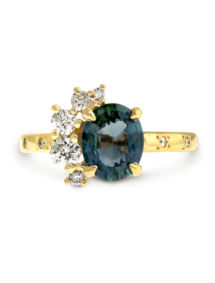 Unqiue Green Grey Sapphire Engagment Ring In Yellow Gold - NYC - Designed by Dana Walden Chin + Radika Chin