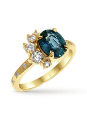 Demi Halo Green Grey Sapphire Yellow Gold Engagement Ring