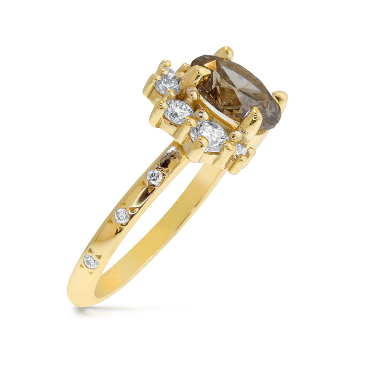 1.05 carat oval champagne diamond cluster engagement ring in yellow gold with white diamond accents by Dana Walden Bridal in NYC