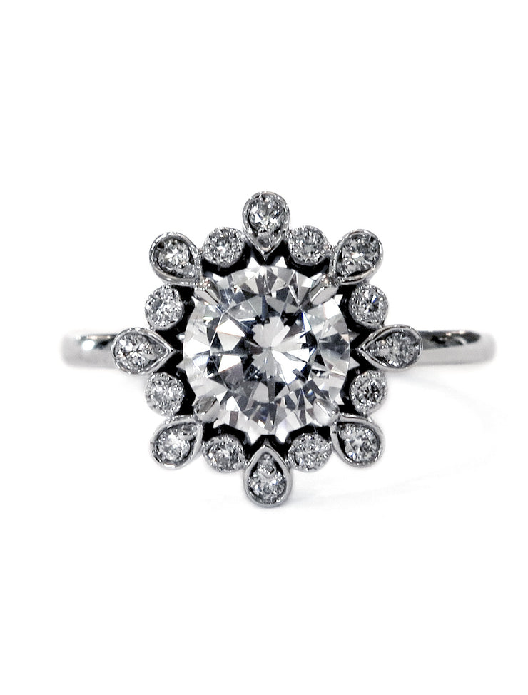 Floral engagement ring with conflict free diamonds in platinum custom nature inspired design - Fleurette