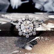 Unique diamond engagement ring with nature inspired details in platinum custom design - Fleurette