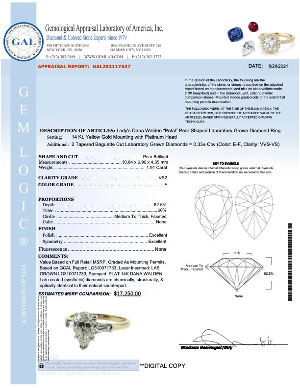 Appraisal Side view, on hand- Lab diamond PETAL three stone engagement ring- DANA WALDEN BRIDAL