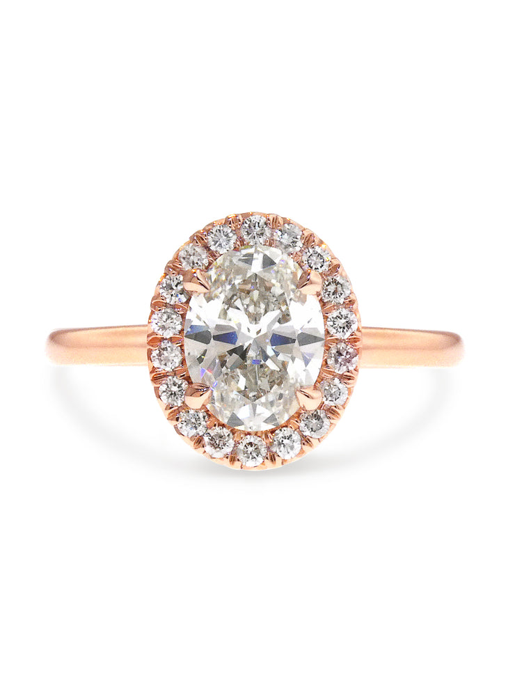 Unique rose gold lab diamond halo engagement ring by DANA WALDEN.