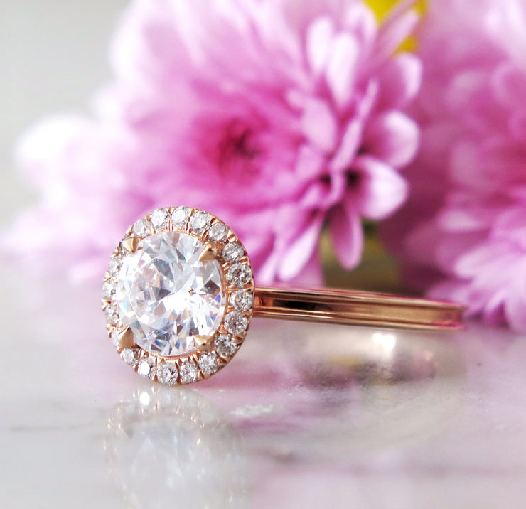 Rose gold halo engagement ring with beveled band and conflict free diamonds - Giselle