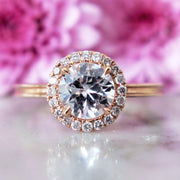 Unique diamond halo in rose gold with conflict free diamonds and beveled band custom made in nyc - Giselle