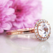 Unique diamond halo engagement ring with beveled band in rose gold and conflict free diamonds - Giselle