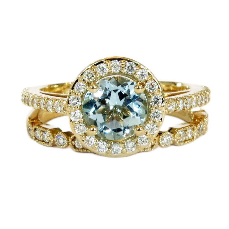 Aquamarine Halo Engagement Ring in Yellow Gold With Diamond Accents & Wedding Band by Dana Walden Bridal, NYC