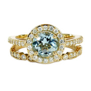 Hana Aquamarine Halo in Yellow Gold with Stella Diamond Deco Wedding Band by Dana Walden Bridal NYC