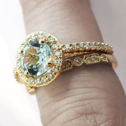 Hana Aquamarine Halo in Yellow Gold with Stella Diamond Deco Wedding Band by Dana Walden Bridal NYC