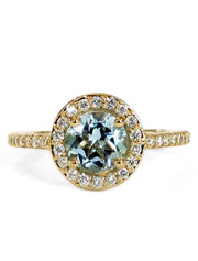 Aquamarine Halo Engagement Ring in Yellow Gold With Diamond Accents by Dana Walden Bridal, NYC