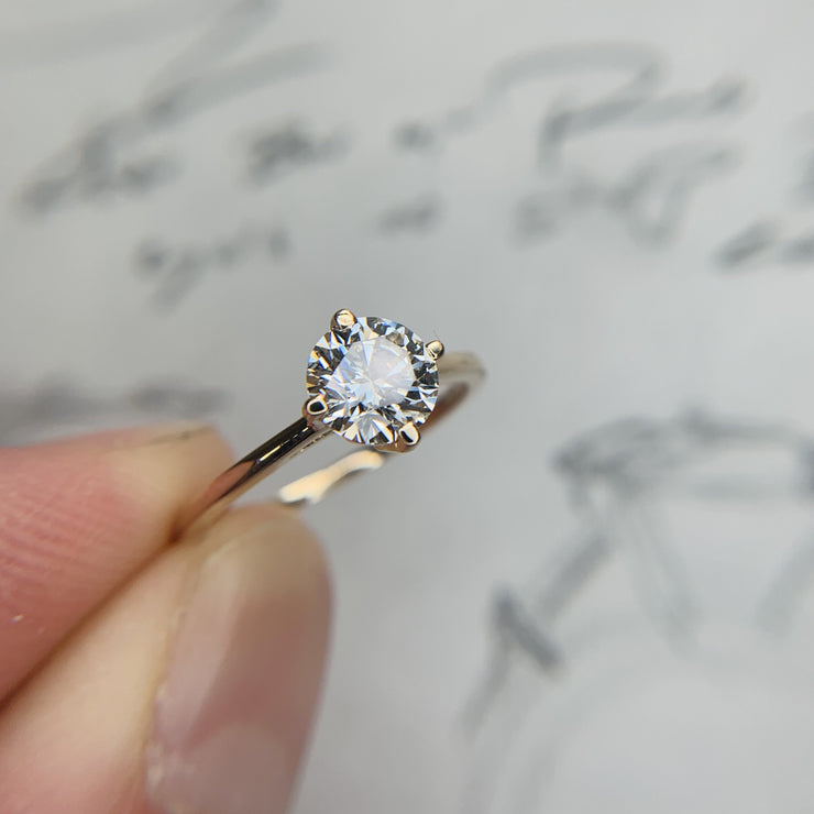 1 carat lab diamond engagement ring set in 14k yellow gold. DANA WALDEN BRIDAL.