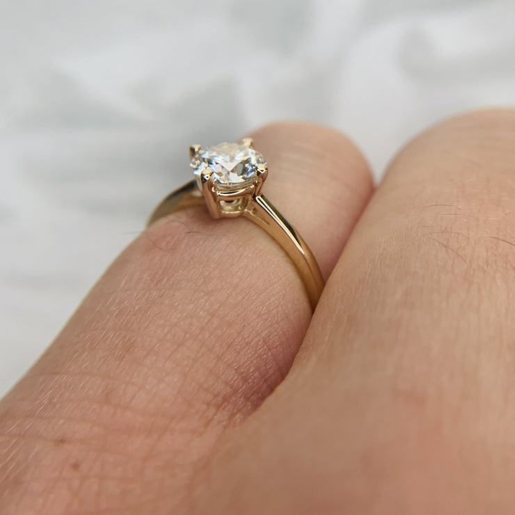 1 carat lab diamond engagement ring set in 14k yellow gold. DANA WALDEN BRIDAL.