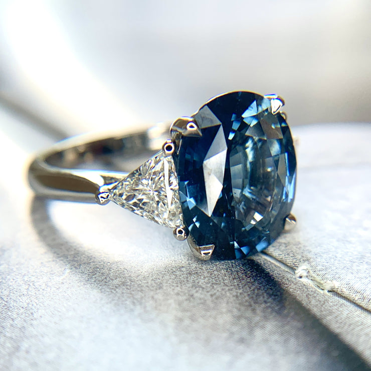 Side view- 5 carat blue oval sapphire engagement ring by Dana Walden Bridal- Three stone ring.