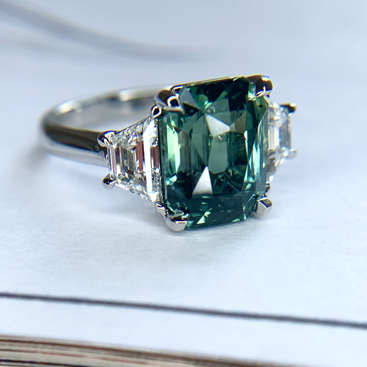 Handmade 5 carat green sapphire engagement ring by Dana Walden Bridal NYC.