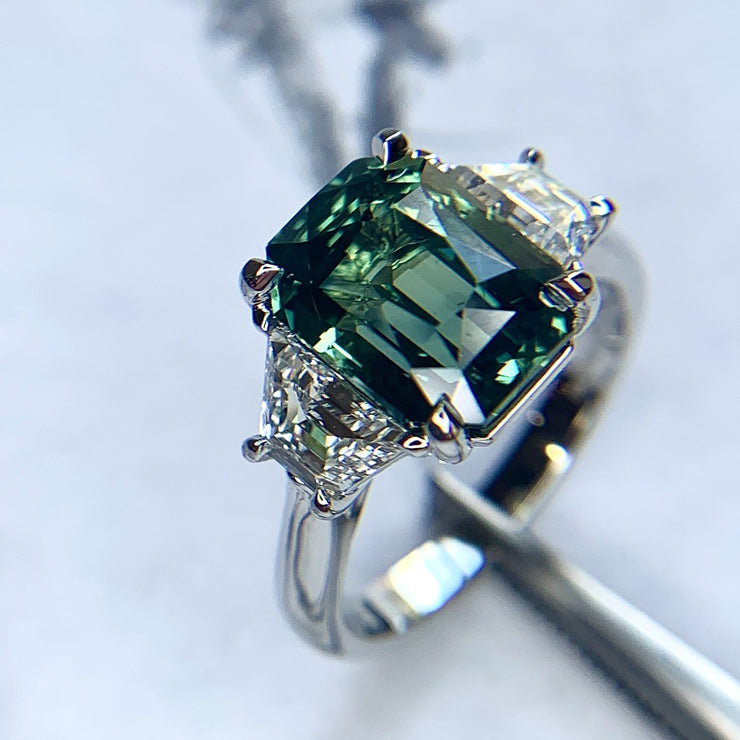 Handmade 5 carat green sapphire engagement ring by Dana Walden Bridal NYC.