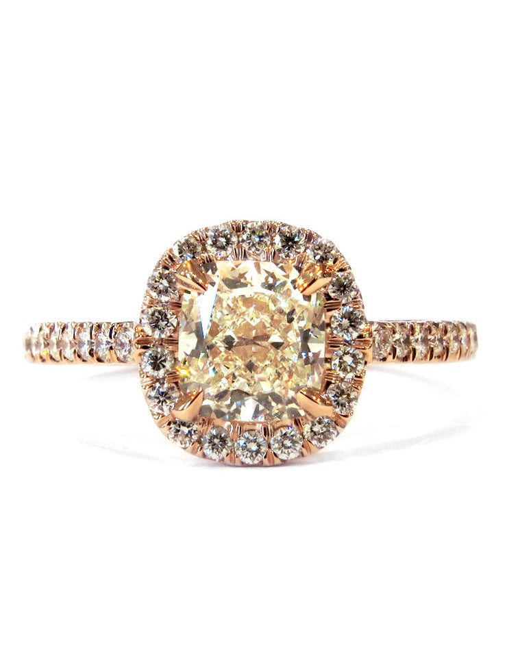 Light yellow diamond halo engagement ring with cushion cut diamond and conflict free accents in rose gold - Shelby
