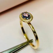 Purple sapphire east west oval engagement ring set in 14k yellow gold - DANA WALDEN BRIDAL.